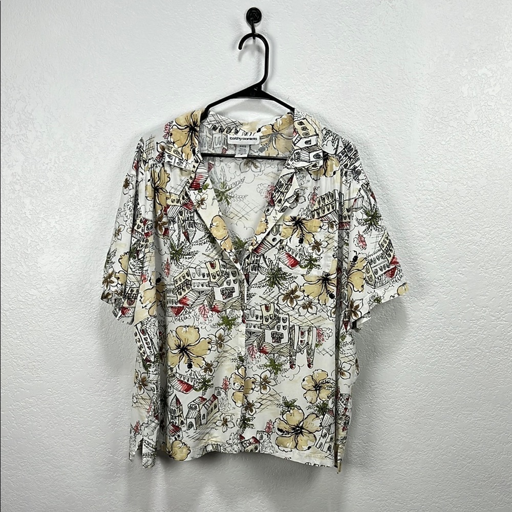 Cathy Daniels Floral Village Blouse‎ Button Down Short Sleeve Size 2X TC0606